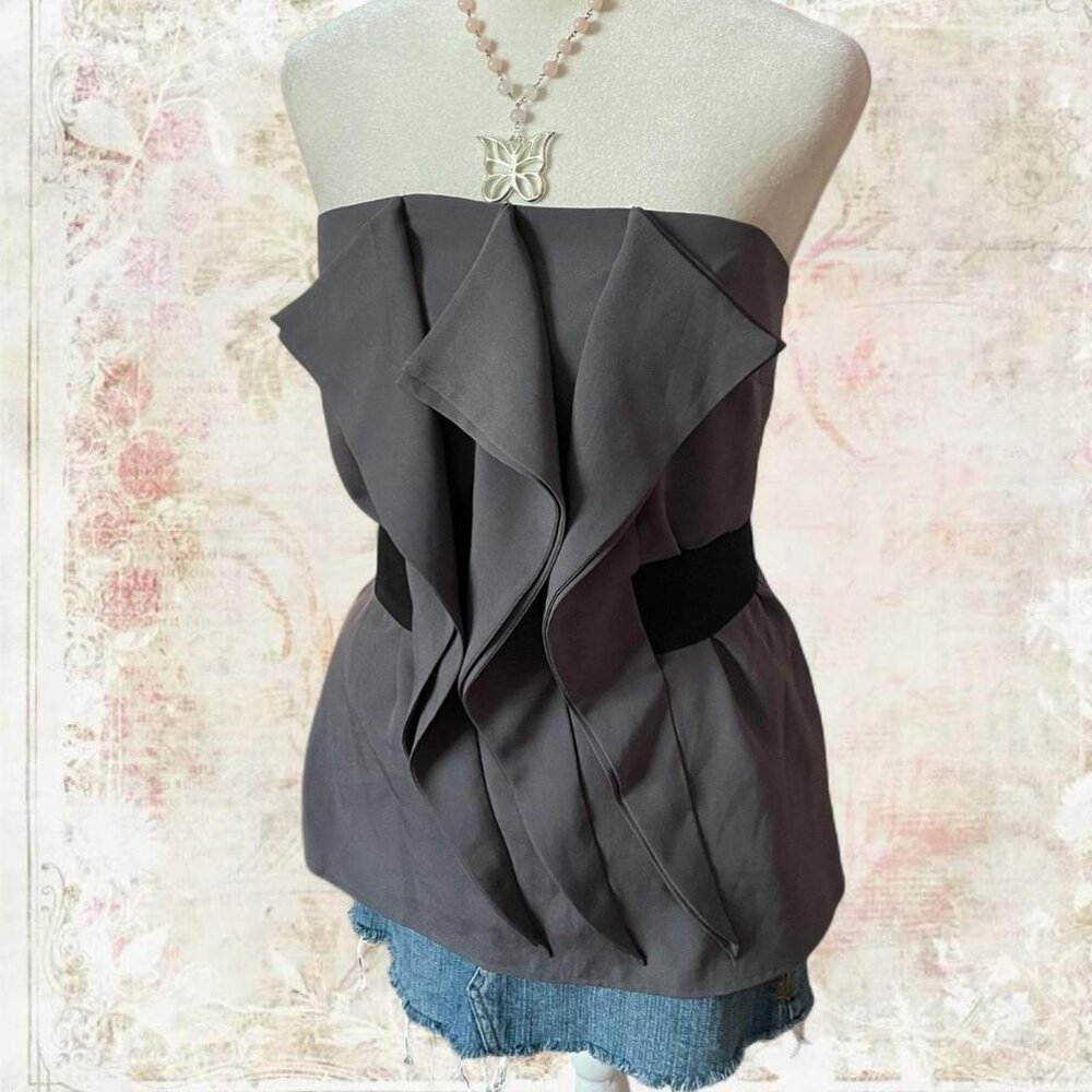 Grey Strapless Ruffle Top with Black Elastic Belt